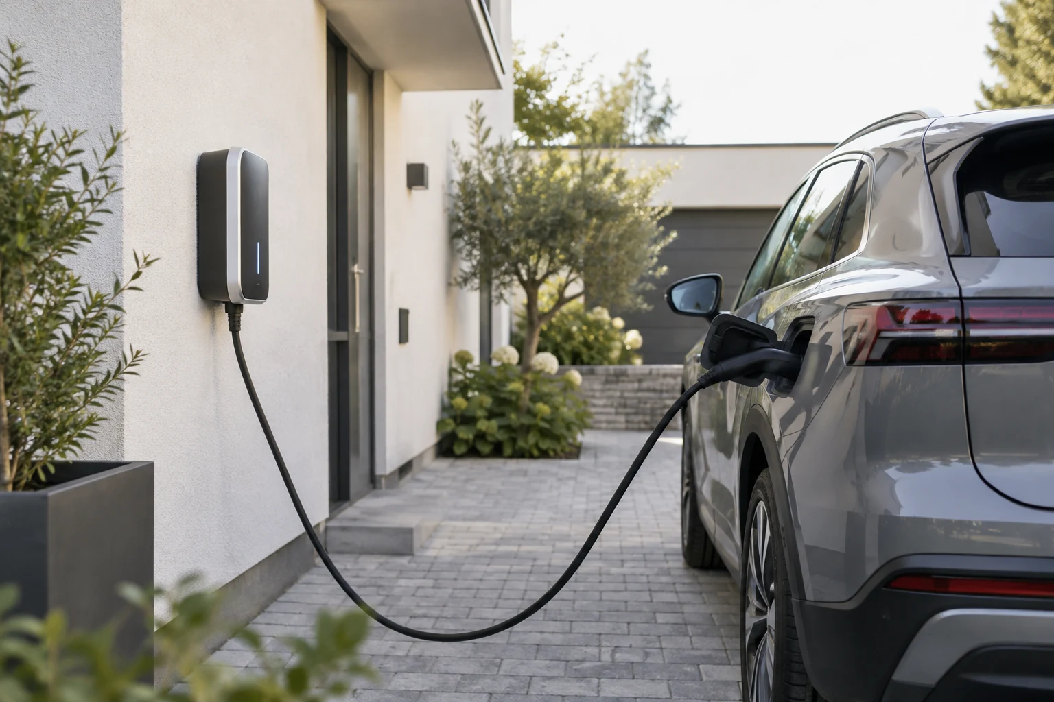 Borne de recharge murale installée sur la façade d’une maison, avec véhicule branché