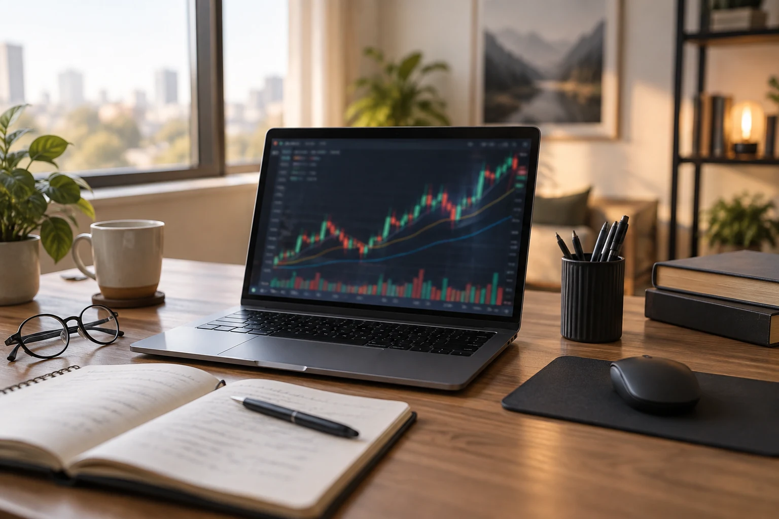 Bureau avec ordinateur portable affichant un graphique de crypto stylisé